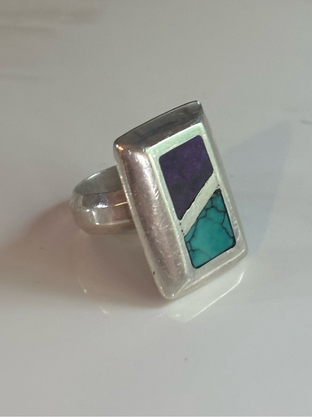 Zuni Sterling Silver Turquoise Purple Sugilite Inlay Rectangle Statement Ring 6 - Picture 4 of 12
